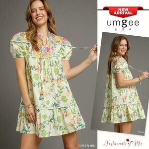 Umgee Floral Print Tie Neckline Puff Sleeves Tiered Babydoll Mini Dress | Green